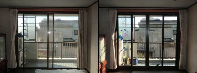 アルミサッシカバー工法　掃出し窓４枚建て　飛散防止フィルム　名古屋市