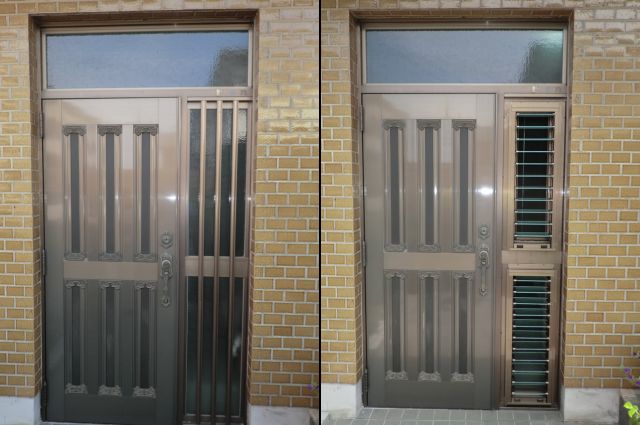 名古屋市緑区 玄関ドアの風通し 袖ＦＩＸ窓をルーバー窓へ取替工事 