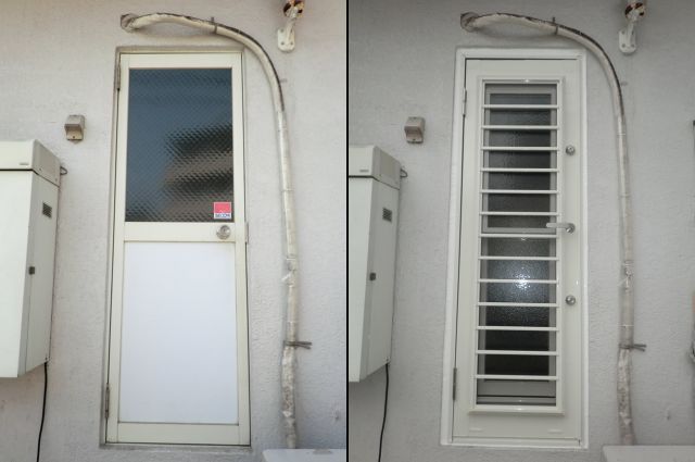 名古屋市緑区 玄関ドアの風通し 袖ＦＩＸ窓をルーバー窓へ取替工事　
