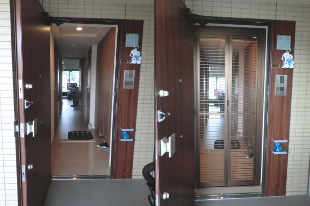 名古屋市千種区 玄関ドア網戸取付工事 中折網戸ＮＨＭ型　格子タイプ