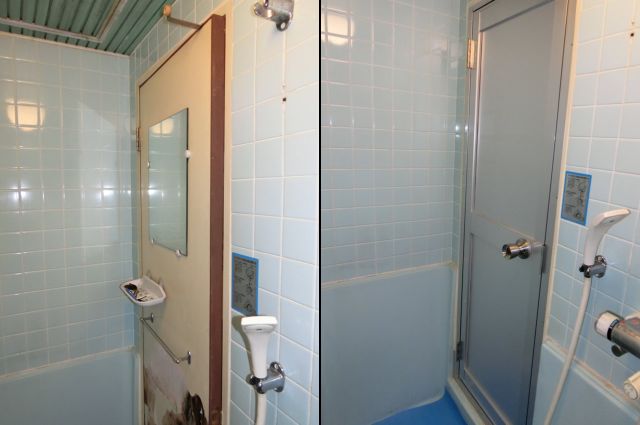 浴室の木製ドアからアルミドアへ取替え工事　名古屋市