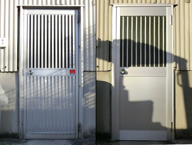 倉庫入口ドア取替工事　アルミ框ドア　名古屋市緑区