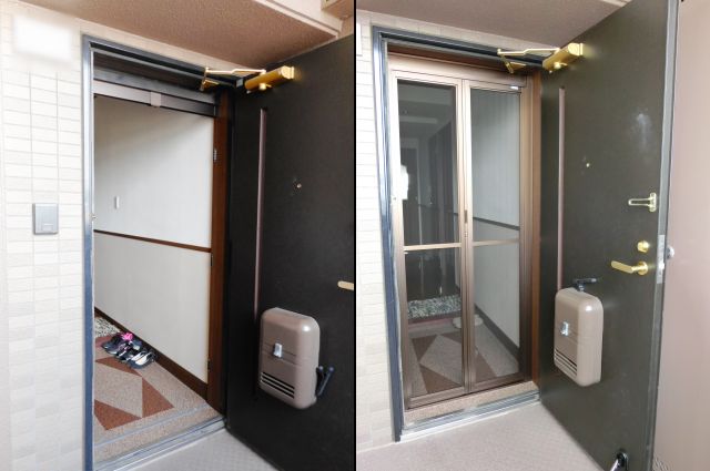 名古屋市天白区網戸 マンション玄関ドアに中折れ網戸取付　